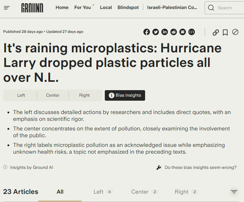 Ground News story discussing microplastics pollution from Hurricane Larry