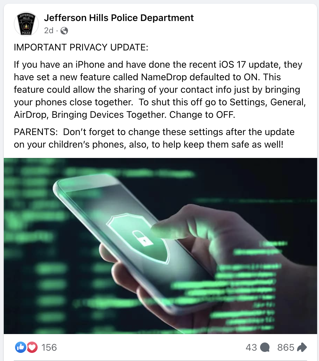 Jefferson Hills Police Department (Pennsylvania, US) warns about privacy concerns related to Apple's new NameDrop feature.